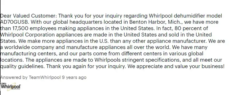 Whirlpool Dryers Made in USA