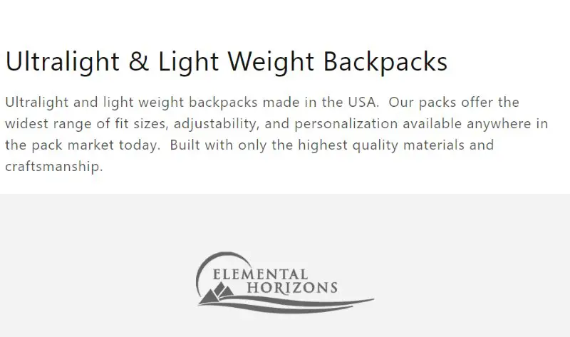 Elemental Horizons Hiking Backpacks Made in USA