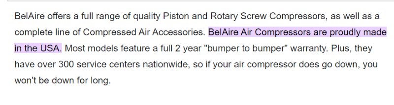 BelAire Air Compressors Made in USA